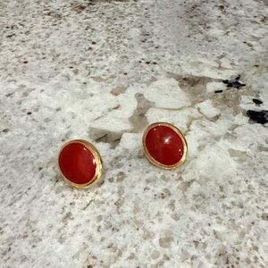 Vintage Gold-Toned Cherry Red Cabochon Statement Stud Earrings EUC